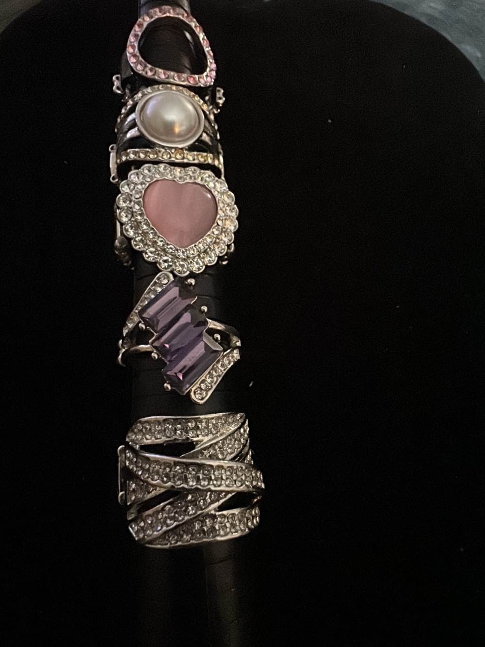 5Paparazzi Silver Tone Pink Heart and Purple Crystal Stackable Rings